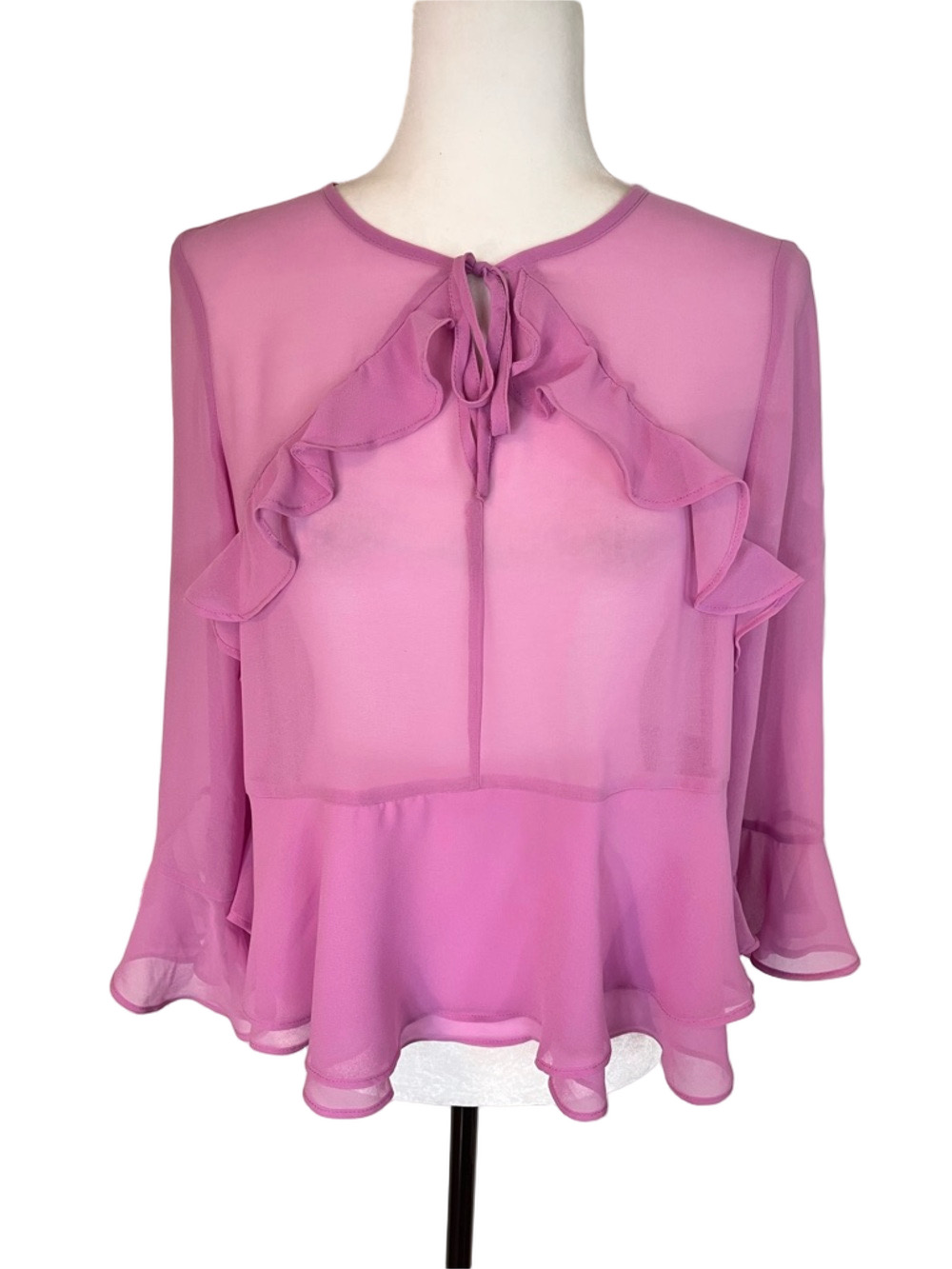 Banana Republic Factory Pink Ruffle Tie-Neck Sheer Blouse SP Coquette Romantic